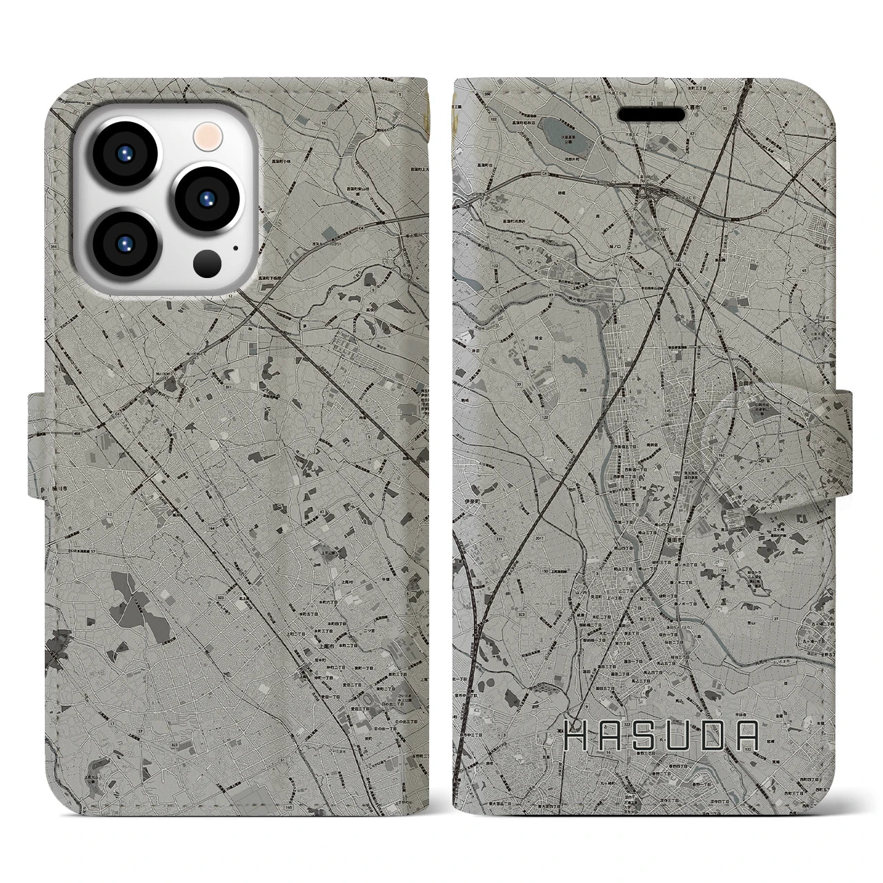 【蓮田(埼玉県)】地図柄iPhoneケース(手帳タイプ)モノトーン・iPhone 13 Pro 用