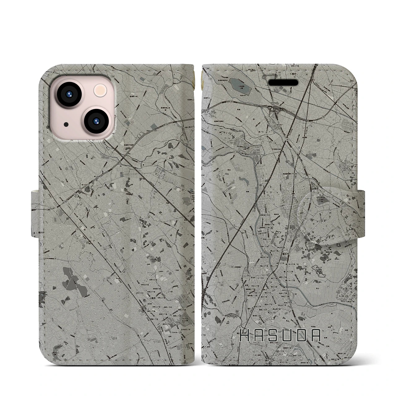 【蓮田(埼玉県)】地図柄iPhoneケース(手帳タイプ)モノトーン・iPhone 13 mini 用