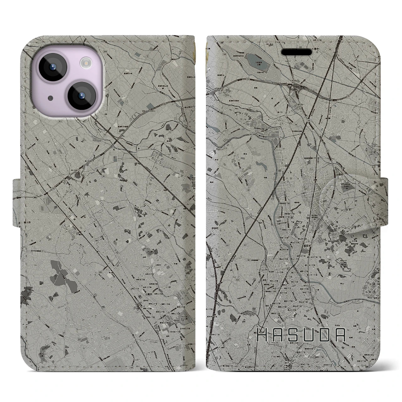 【蓮田(埼玉県)】地図柄iPhoneケース(手帳タイプ)モノトーン・iPhone 14 用