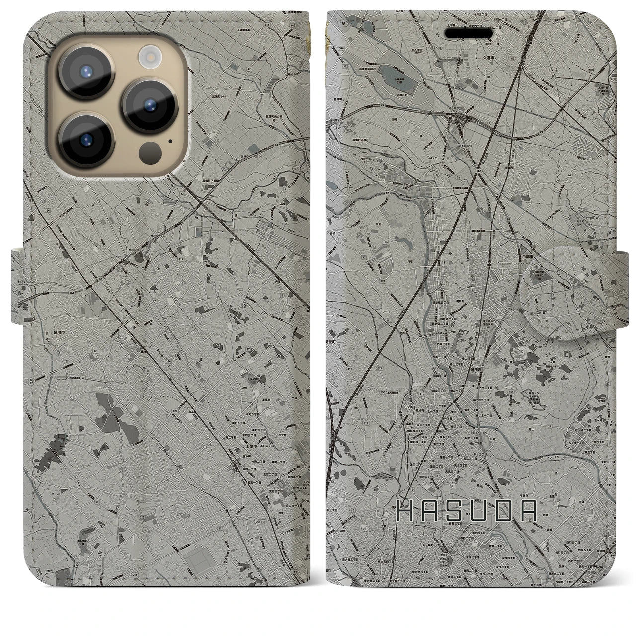 【蓮田(埼玉県)】地図柄iPhoneケース(手帳タイプ)モノトーン・iPhone 14 Pro Max 用