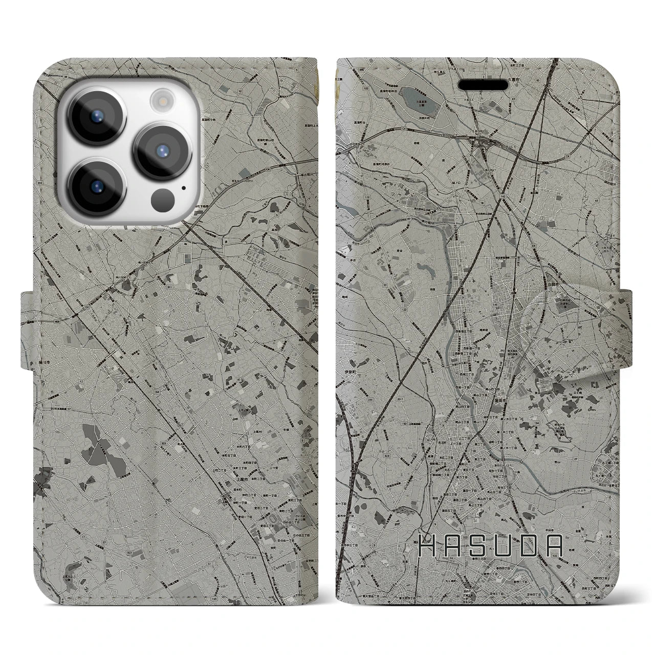 【蓮田(埼玉県)】地図柄iPhoneケース(手帳タイプ)モノトーン・iPhone 14 Pro 用