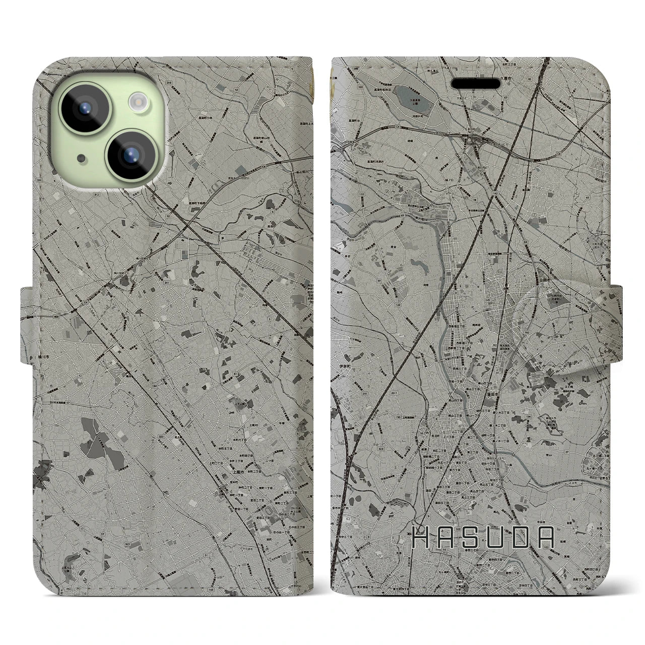 【蓮田(埼玉県)】地図柄iPhoneケース(手帳タイプ)モノトーン・iPhone 15 用