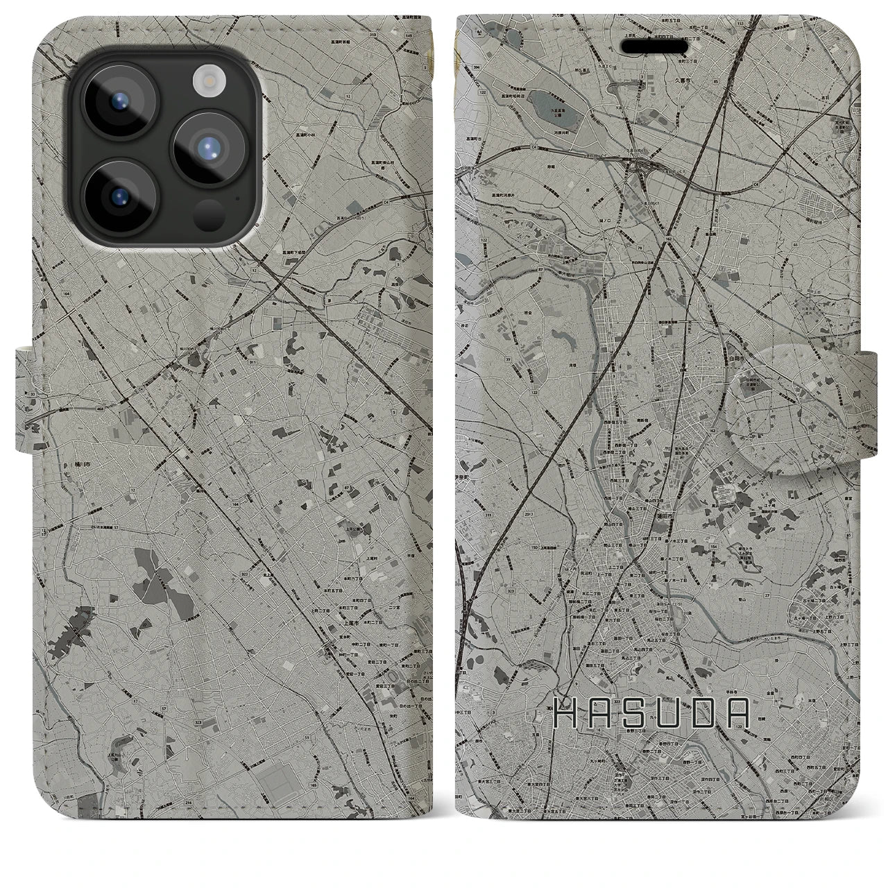 【蓮田(埼玉県)】地図柄iPhoneケース(手帳タイプ)モノトーン・iPhone 15 Pro Max 用