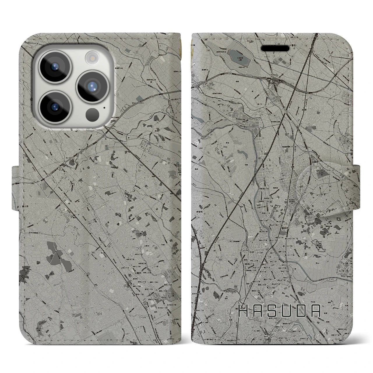 【蓮田(埼玉県)】地図柄iPhoneケース(手帳タイプ)モノトーン・iPhone 15 Pro 用