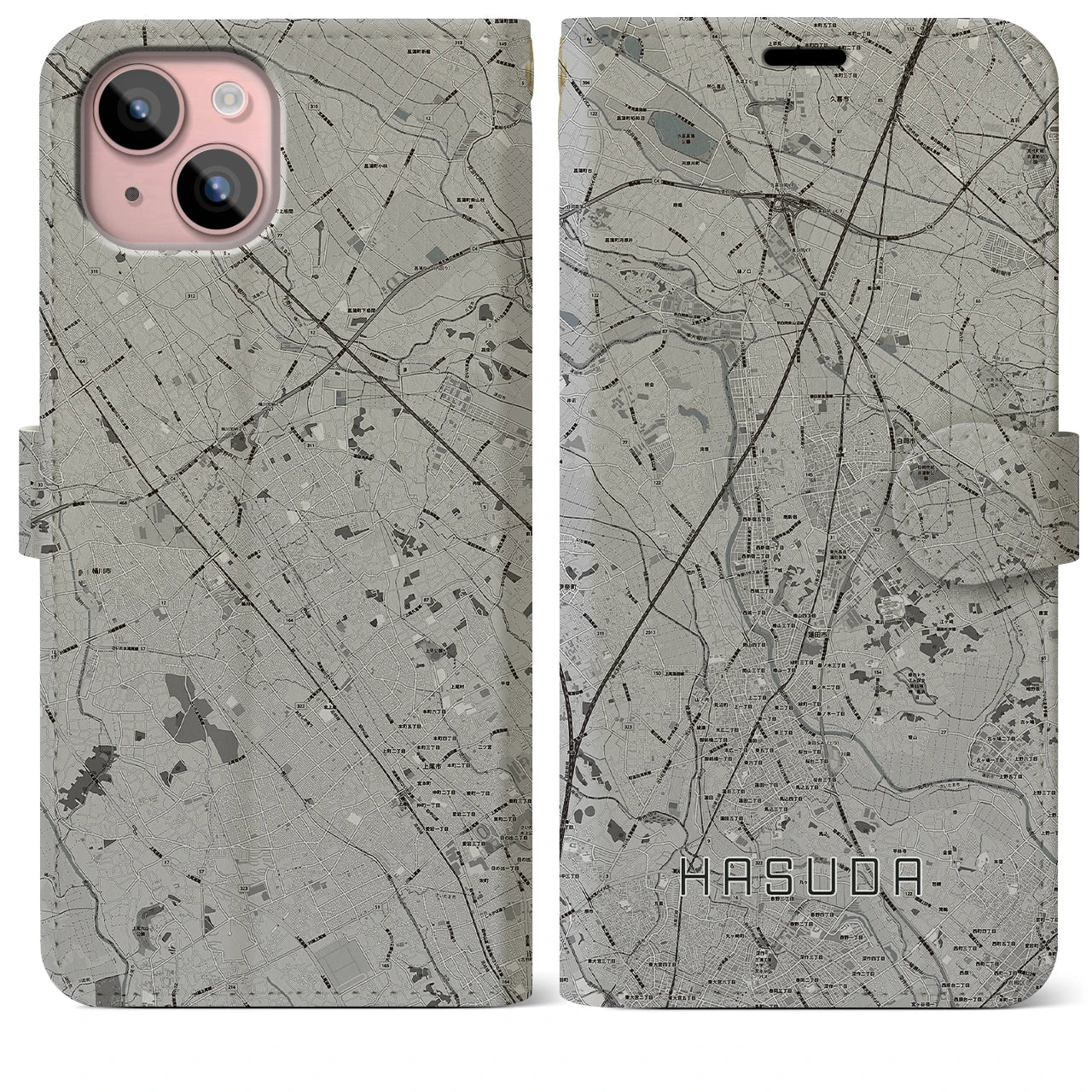 【蓮田(埼玉県)】地図柄iPhoneケース(手帳タイプ)モノトーン・iPhone 15 Plus 用