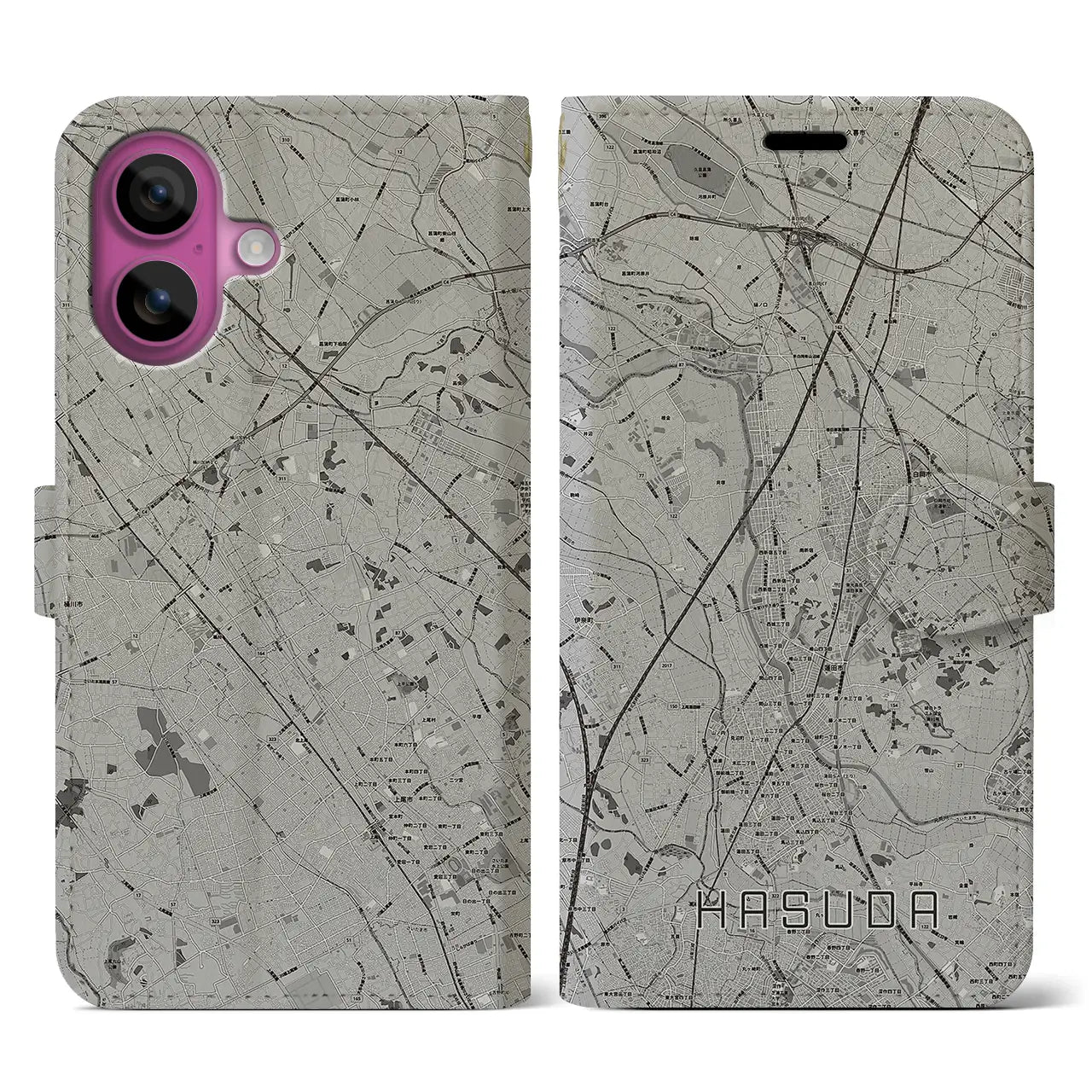 【蓮田(埼玉県)】地図柄iPhoneケース(手帳タイプ)モノトーン・iPhone 16 Pro 用