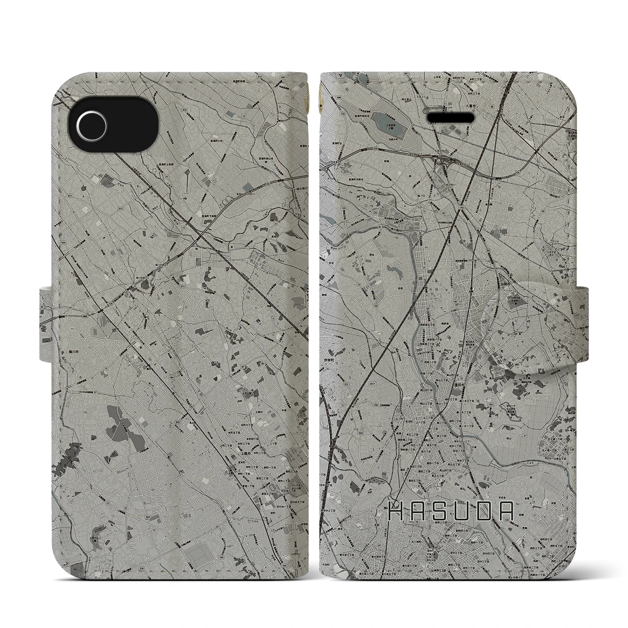 【蓮田(埼玉県)】地図柄iPhoneケース(手帳タイプ)モノトーン・iPhone SE(第3 / 第2世代) / 8 / 7 / 6s / 6 用