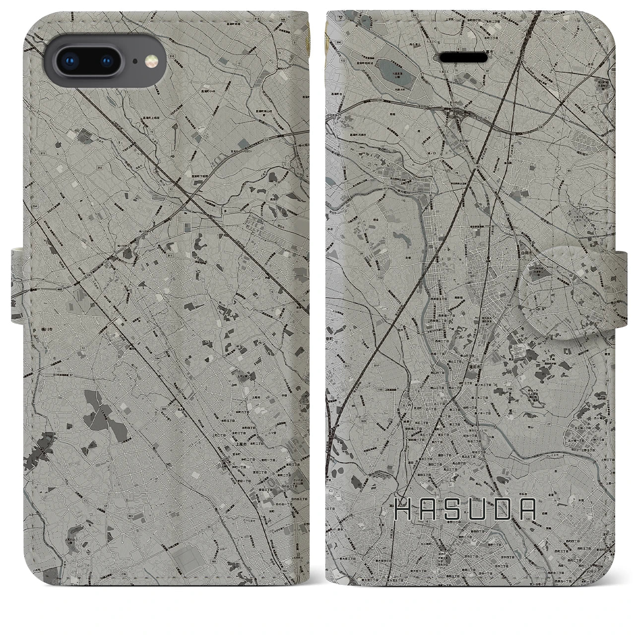 【蓮田(埼玉県)】地図柄iPhoneケース(手帳タイプ)モノトーン・iPhone 8Plus /7Plus / 6sPlus / 6Plus 用
