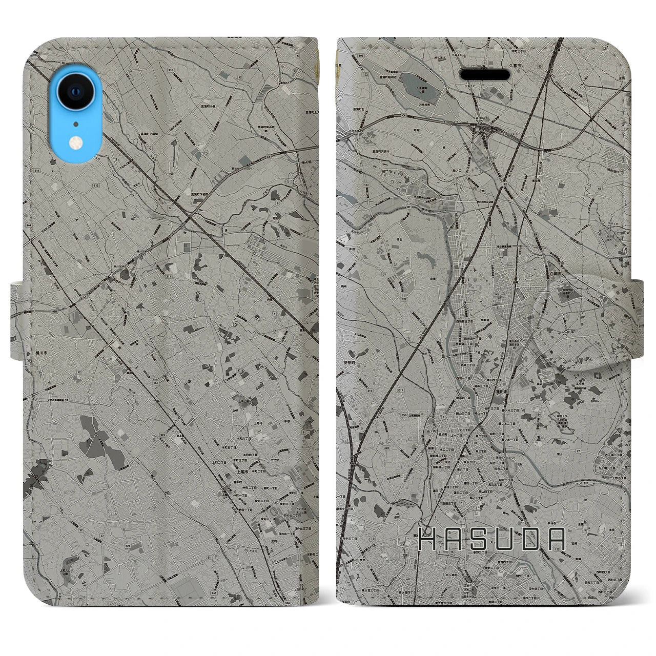 【蓮田(埼玉県)】地図柄iPhoneケース(手帳タイプ)モノトーン・iPhone XR 用