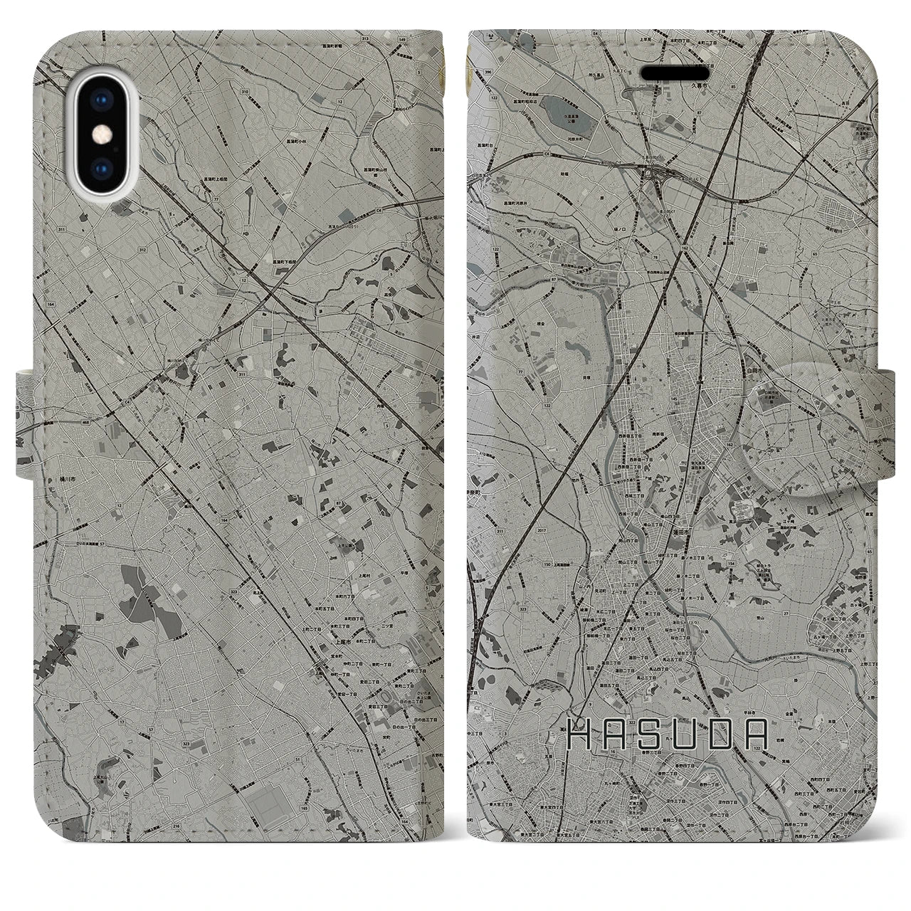 【蓮田(埼玉県)】地図柄iPhoneケース(手帳タイプ)モノトーン・iPhone XS Max 用