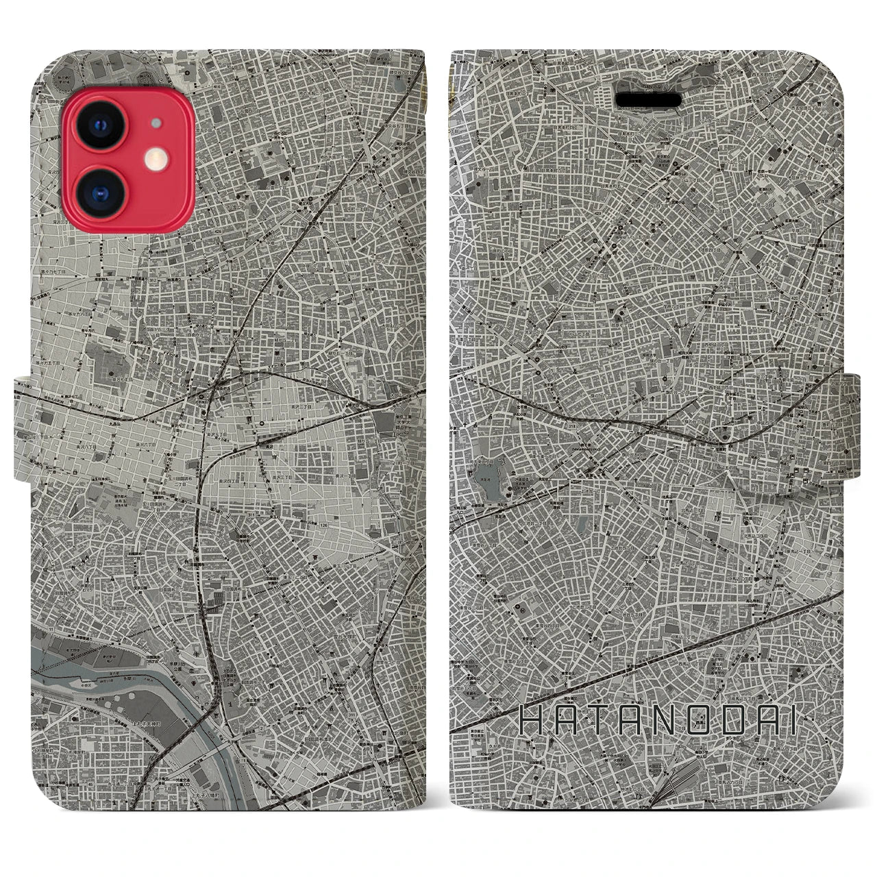 【旗の台(東京都)】地図柄iPhoneケース(手帳タイプ)モノトーン・iPhone 11 用