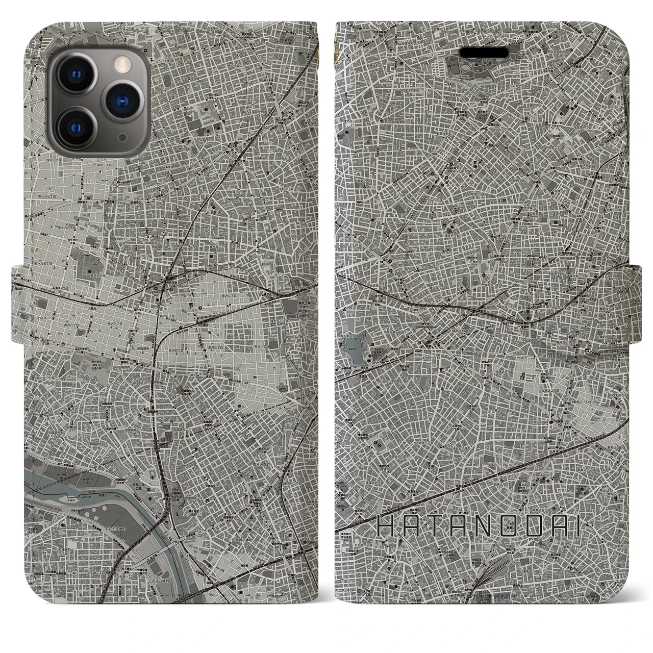 【旗の台(東京都)】地図柄iPhoneケース(手帳タイプ)モノトーン・iPhone 11 Pro Max 用