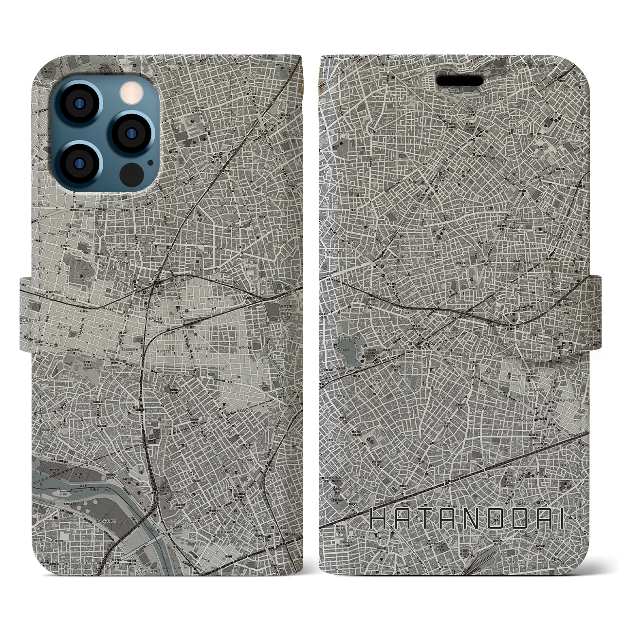 【旗の台(東京都)】地図柄iPhoneケース(手帳タイプ)モノトーン・iPhone 12 / 12 Pro 用
