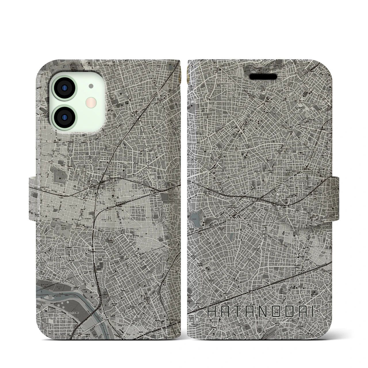 【旗の台(東京都)】地図柄iPhoneケース(手帳タイプ)モノトーン・iPhone 12 mini 用