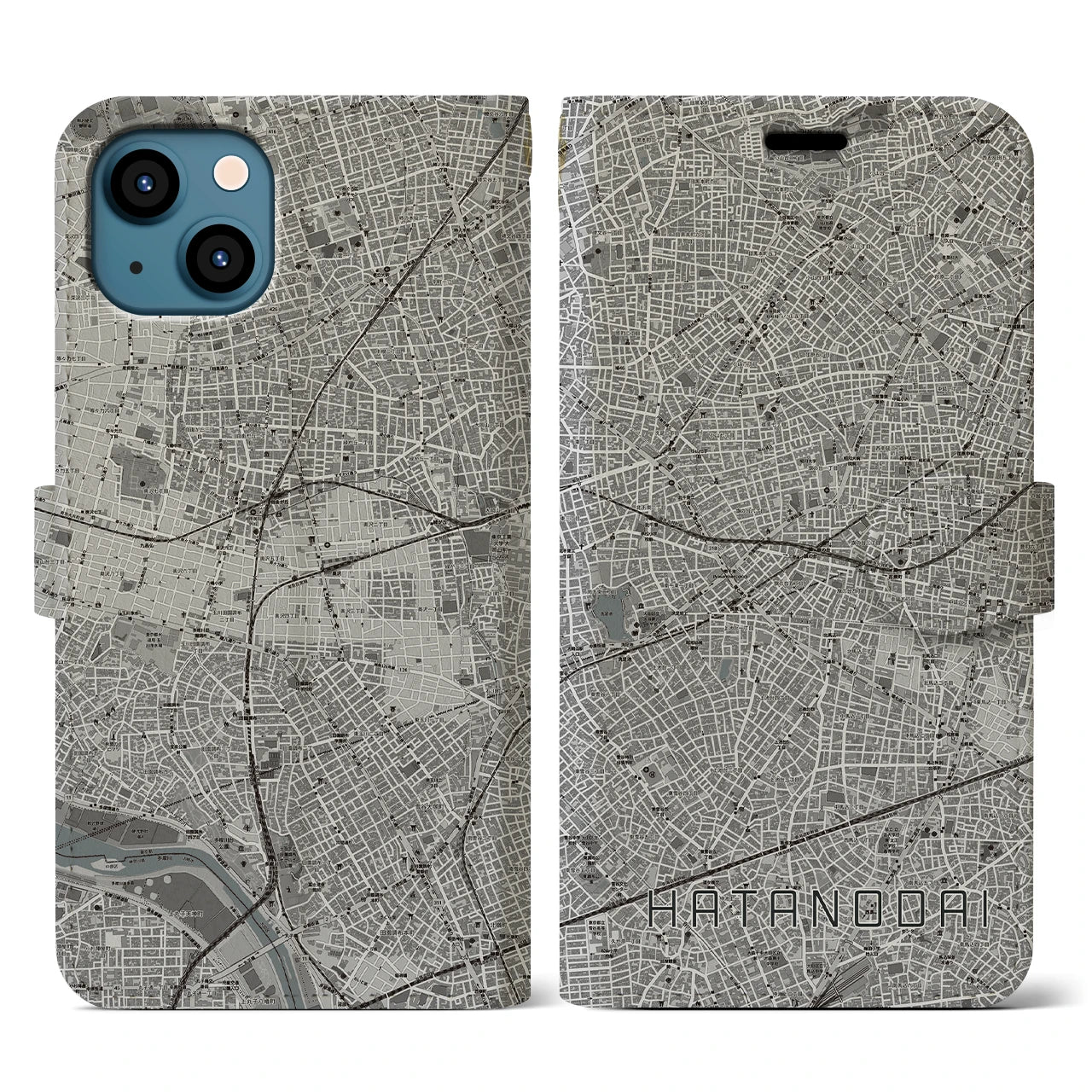 【旗の台(東京都)】地図柄iPhoneケース(手帳タイプ)モノトーン・iPhone 13 用