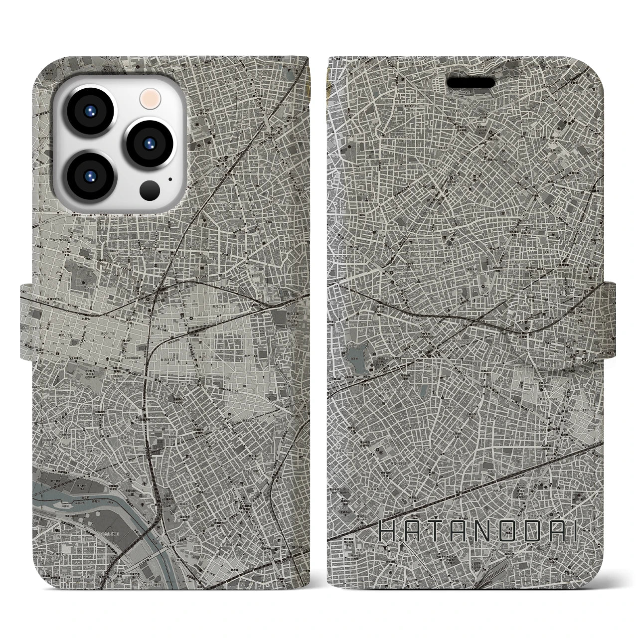 【旗の台(東京都)】地図柄iPhoneケース(手帳タイプ)モノトーン・iPhone 13 Pro 用