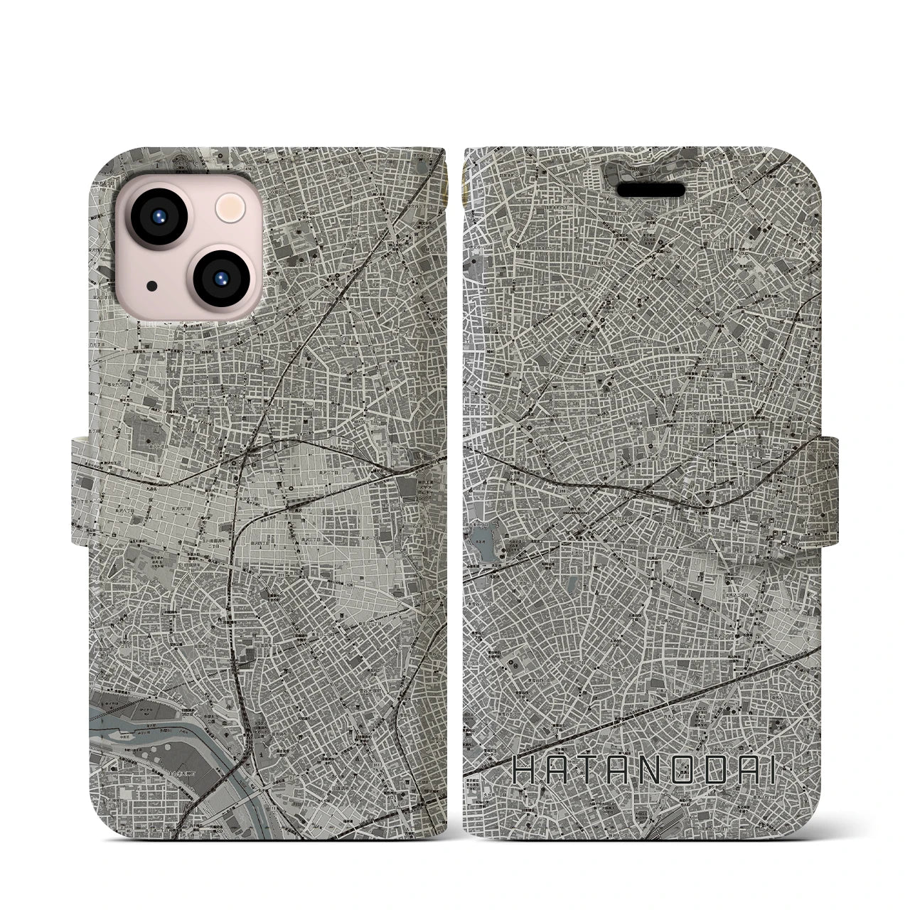 【旗の台(東京都)】地図柄iPhoneケース(手帳タイプ)モノトーン・iPhone 13 mini 用