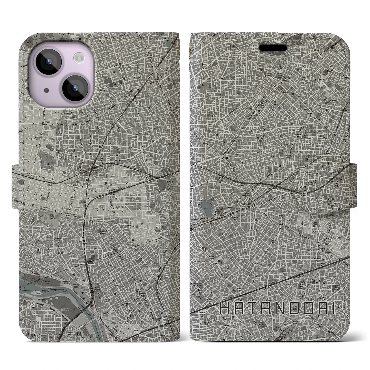 【旗の台(東京都)】地図柄iPhoneケース(手帳タイプ)モノトーン・iPhone 14 用