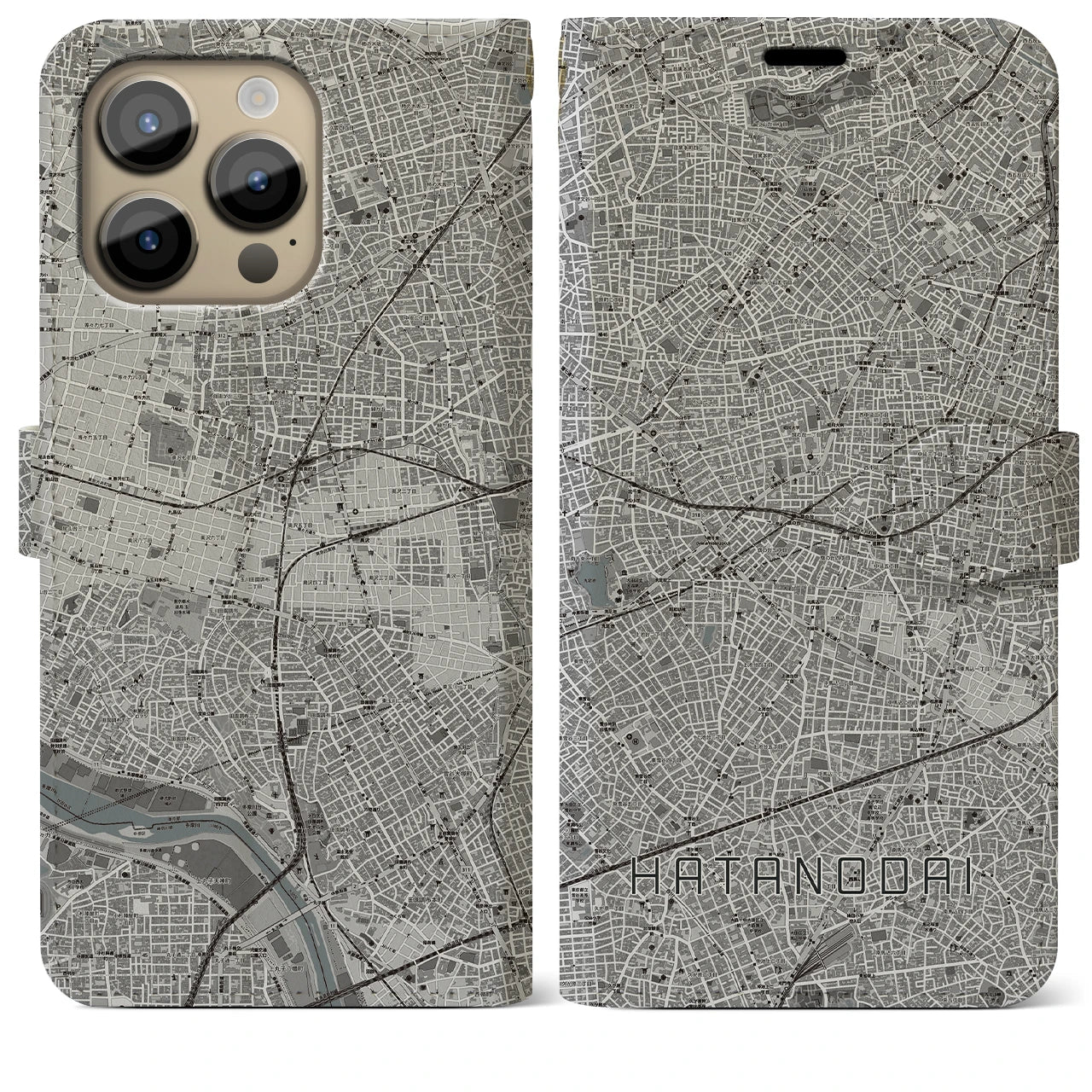 【旗の台(東京都)】地図柄iPhoneケース(手帳タイプ)モノトーン・iPhone 14 Pro Max 用