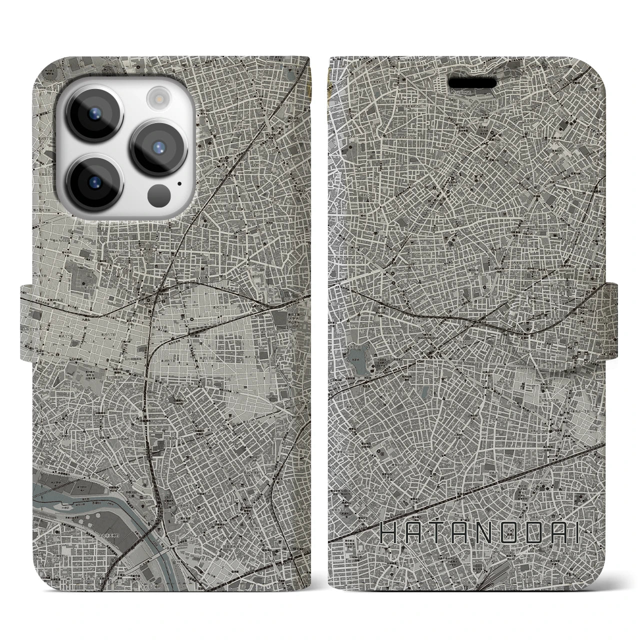 【旗の台(東京都)】地図柄iPhoneケース(手帳タイプ)モノトーン・iPhone 14 Pro 用