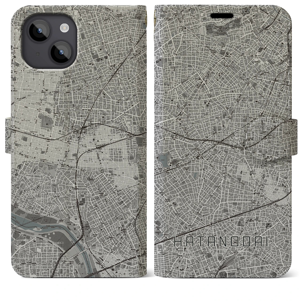 【旗の台(東京都)】地図柄iPhoneケース(手帳タイプ)モノトーン・iPhone 14 Plus 用