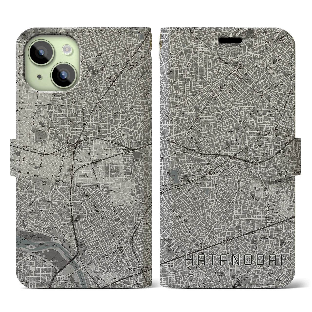 【旗の台(東京都)】地図柄iPhoneケース(手帳タイプ)モノトーン・iPhone 15 用