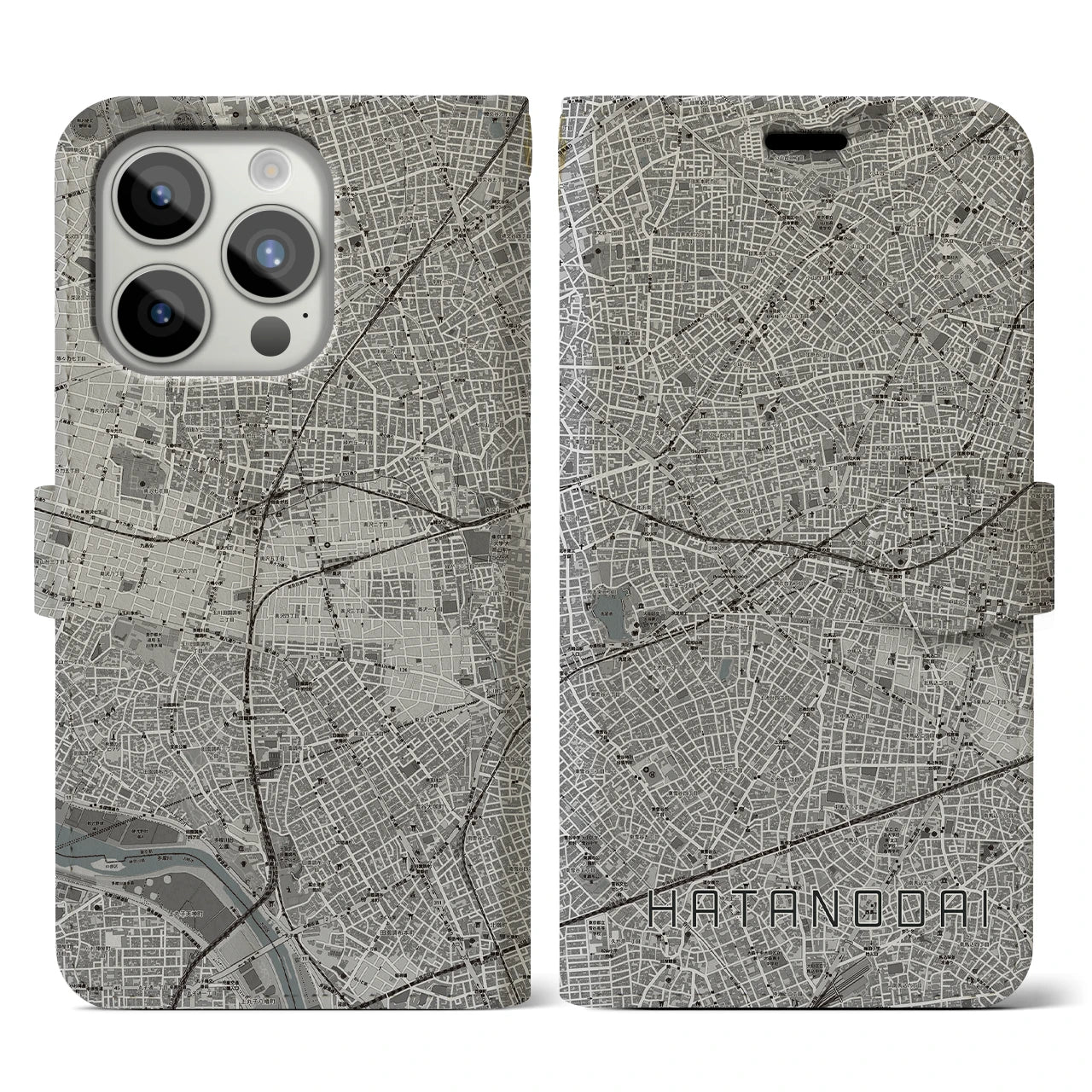 【旗の台(東京都)】地図柄iPhoneケース(手帳タイプ)モノトーン・iPhone 15 Pro 用