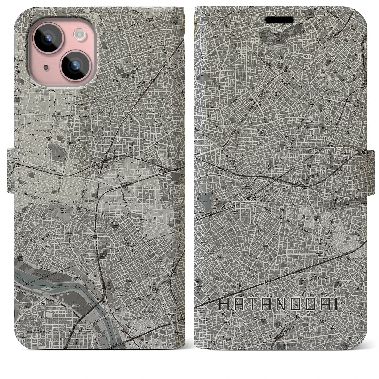 【旗の台(東京都)】地図柄iPhoneケース(手帳タイプ)モノトーン・iPhone 15 Plus 用