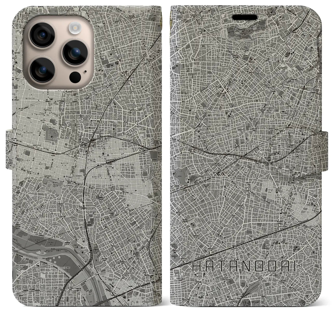 【旗の台(東京都)】地図柄iPhoneケース(手帳タイプ)モノトーン・iPhone 16 Plus 用