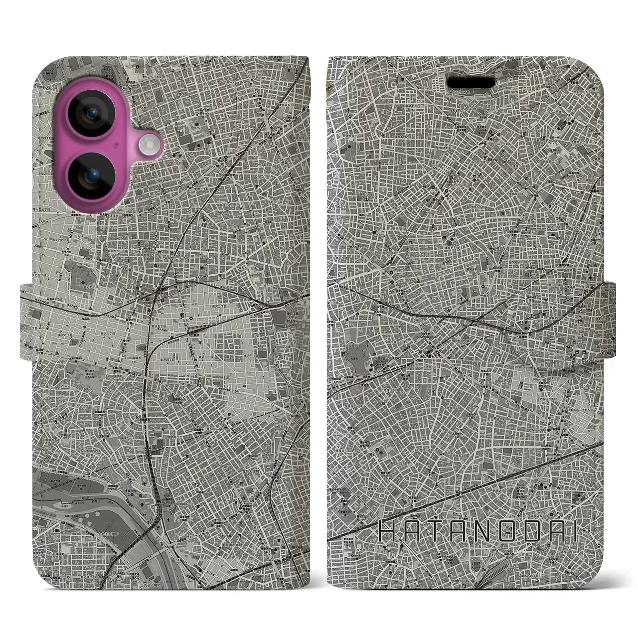 【旗の台(東京都)】地図柄iPhoneケース(手帳タイプ)モノトーン・iPhone 16 Pro 用