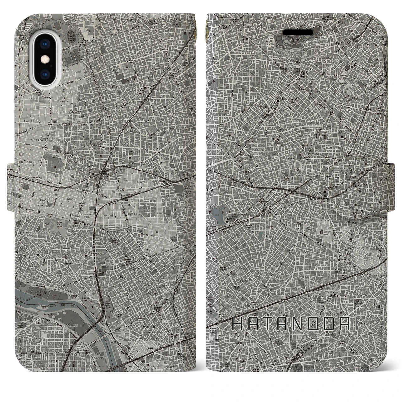 【旗の台(東京都)】地図柄iPhoneケース(手帳タイプ)モノトーン・iPhone XS Max 用