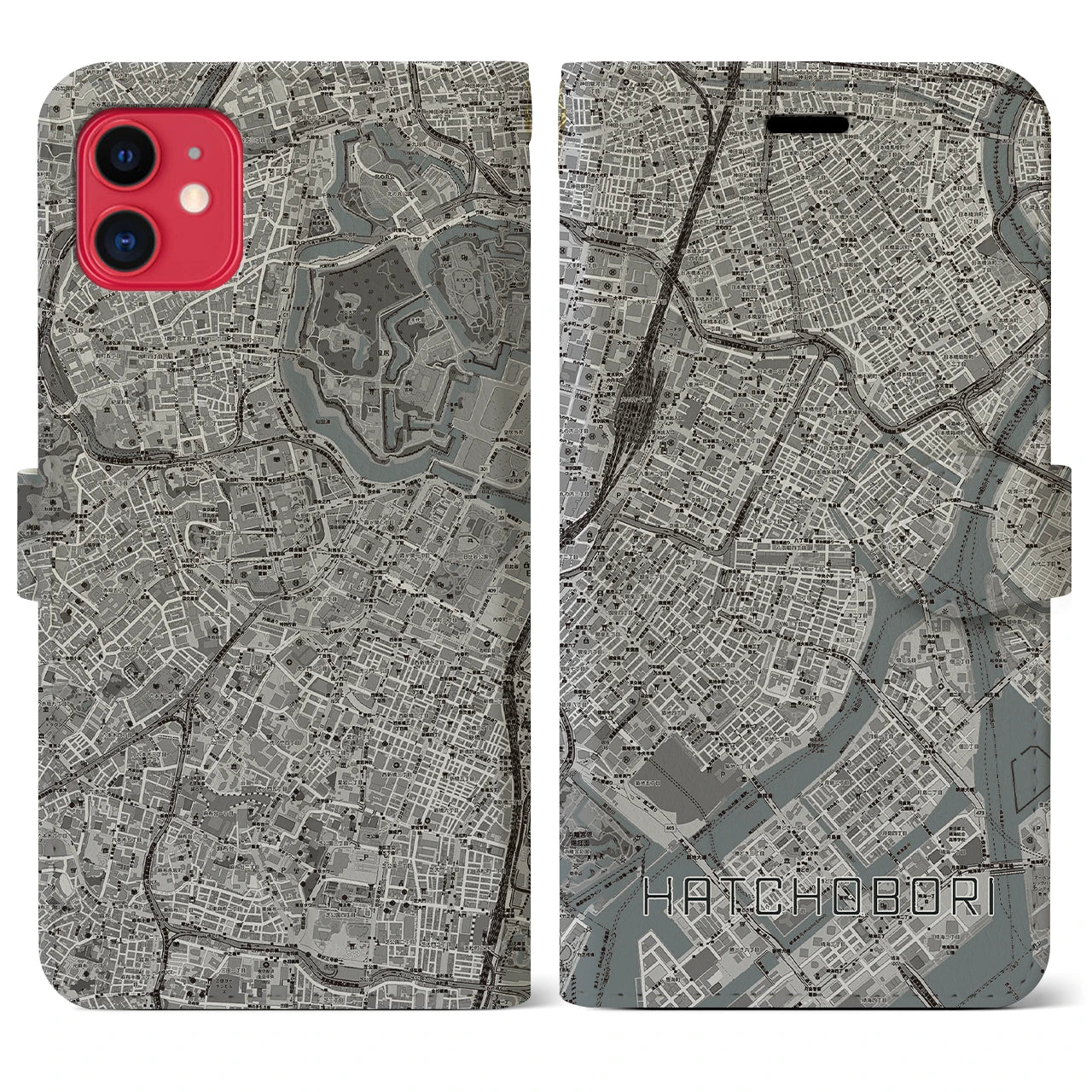 【八丁堀(東京都)】地図柄iPhoneケース(手帳タイプ)モノトーン・iPhone 11 用