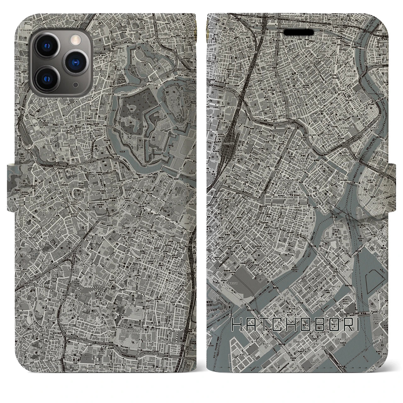 【八丁堀(東京都)】地図柄iPhoneケース(手帳タイプ)モノトーン・iPhone 11 Pro Max 用