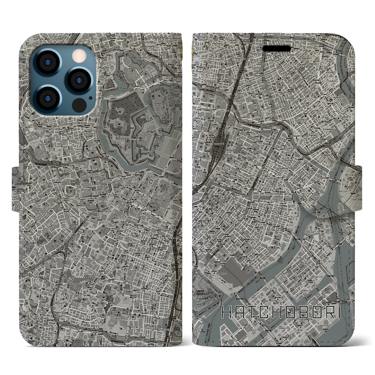 【八丁堀(東京都)】地図柄iPhoneケース(手帳タイプ)モノトーン・iPhone 12 / 12 Pro 用