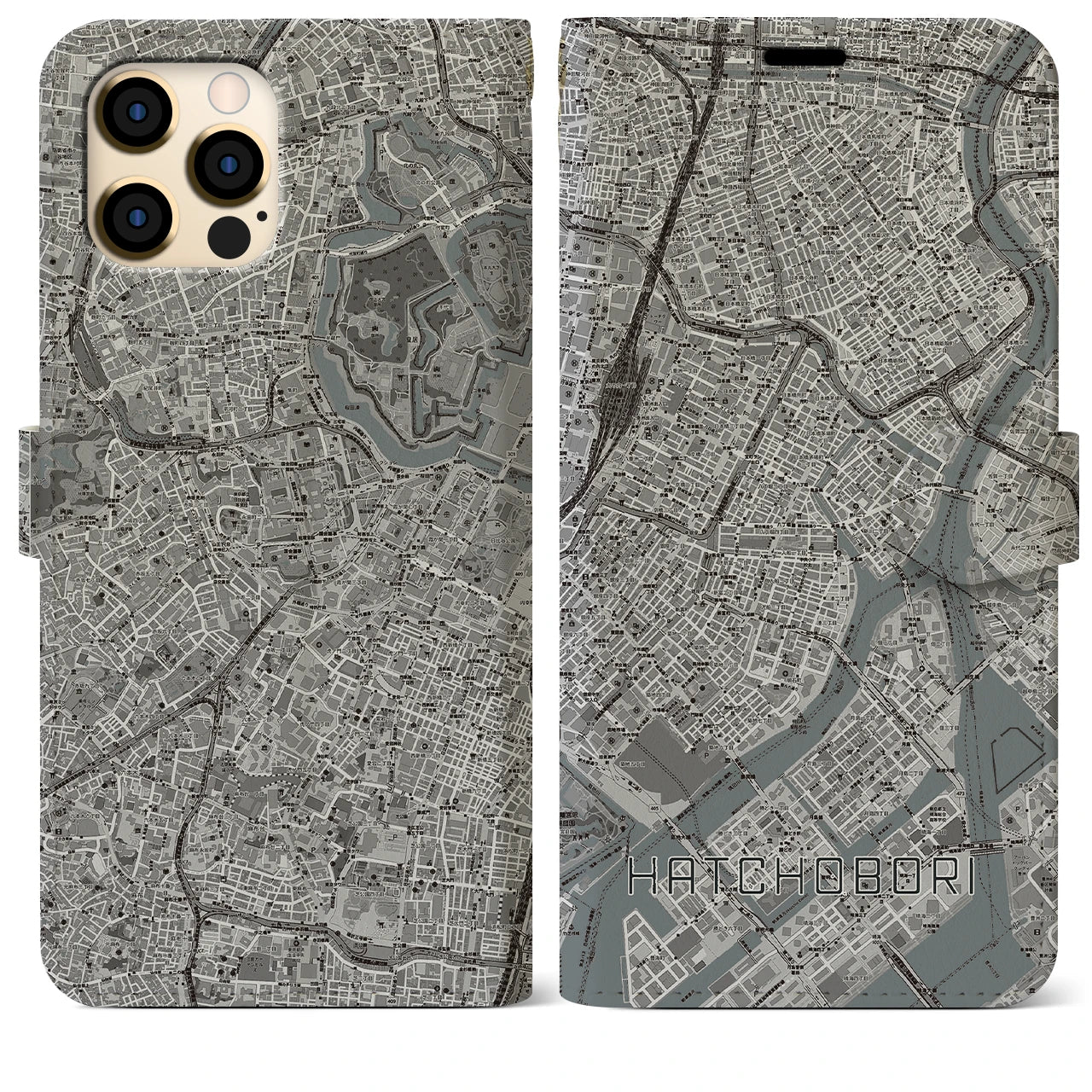 【八丁堀(東京都)】地図柄iPhoneケース(手帳タイプ)モノトーン・iPhone 12 Pro Max 用