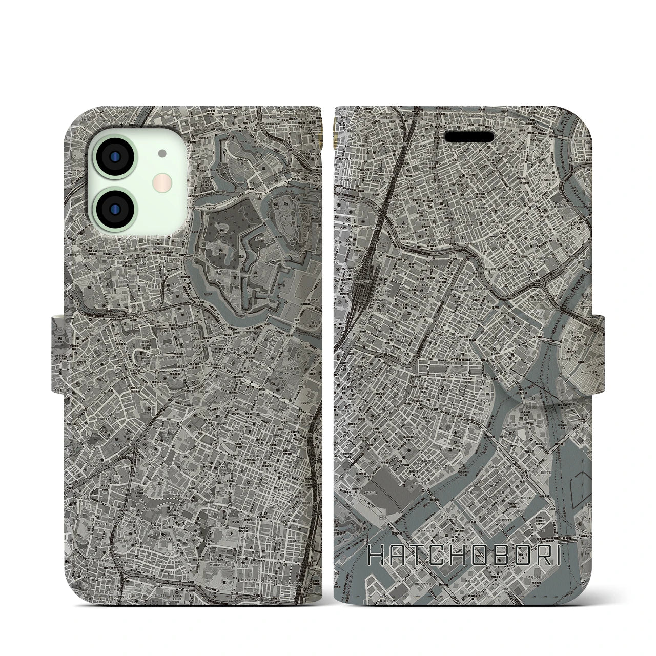 【八丁堀(東京都)】地図柄iPhoneケース(手帳タイプ)モノトーン・iPhone 12 mini 用
