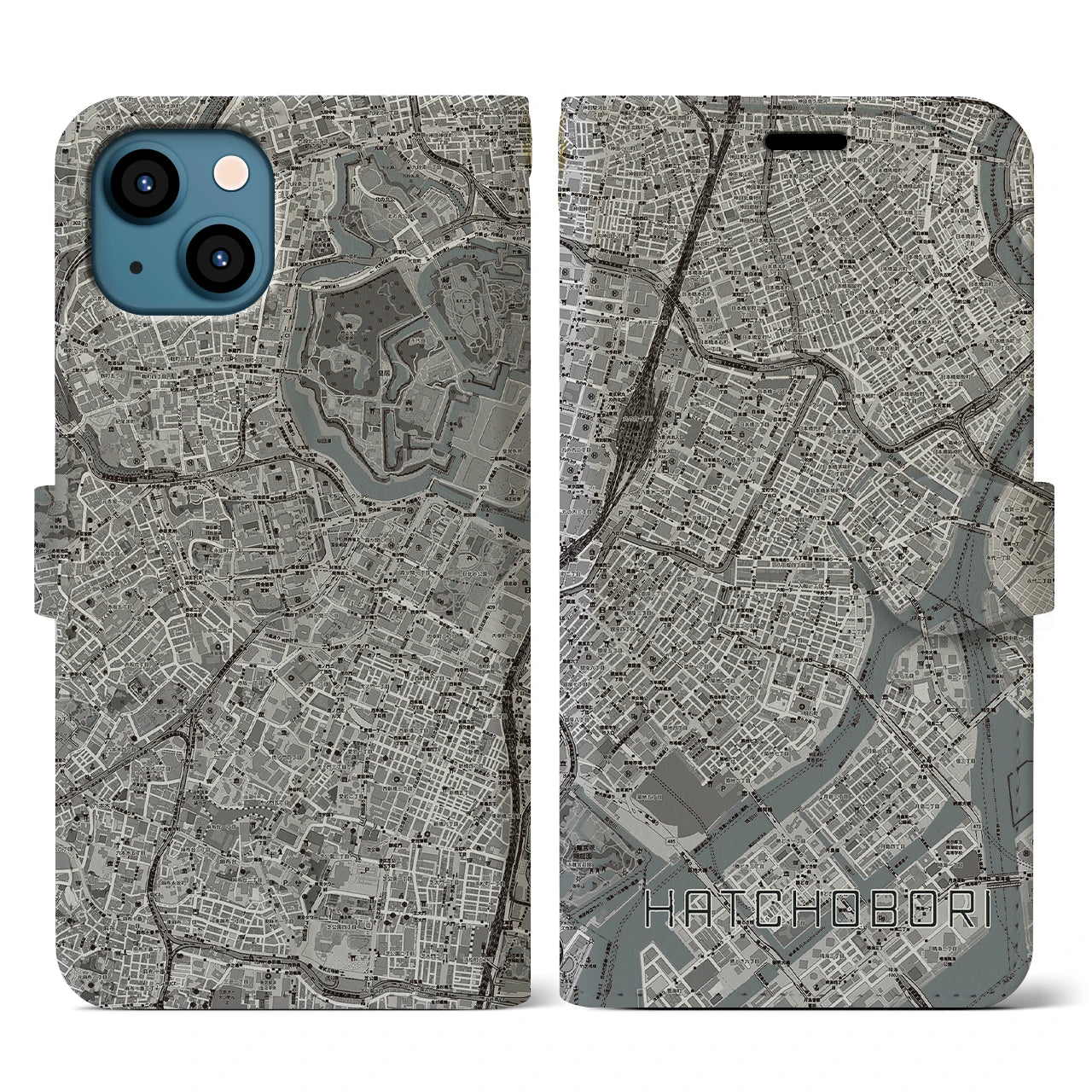 【八丁堀(東京都)】地図柄iPhoneケース(手帳タイプ)モノトーン・iPhone 13 用