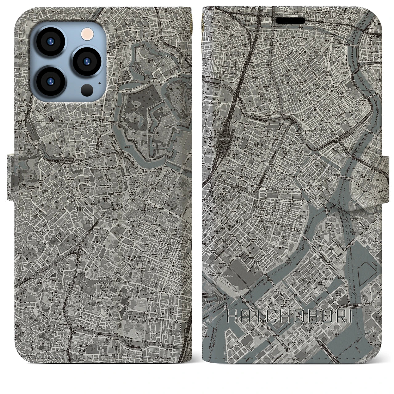 【八丁堀(東京都)】地図柄iPhoneケース(手帳タイプ)モノトーン・iPhone 13 Pro Max 用