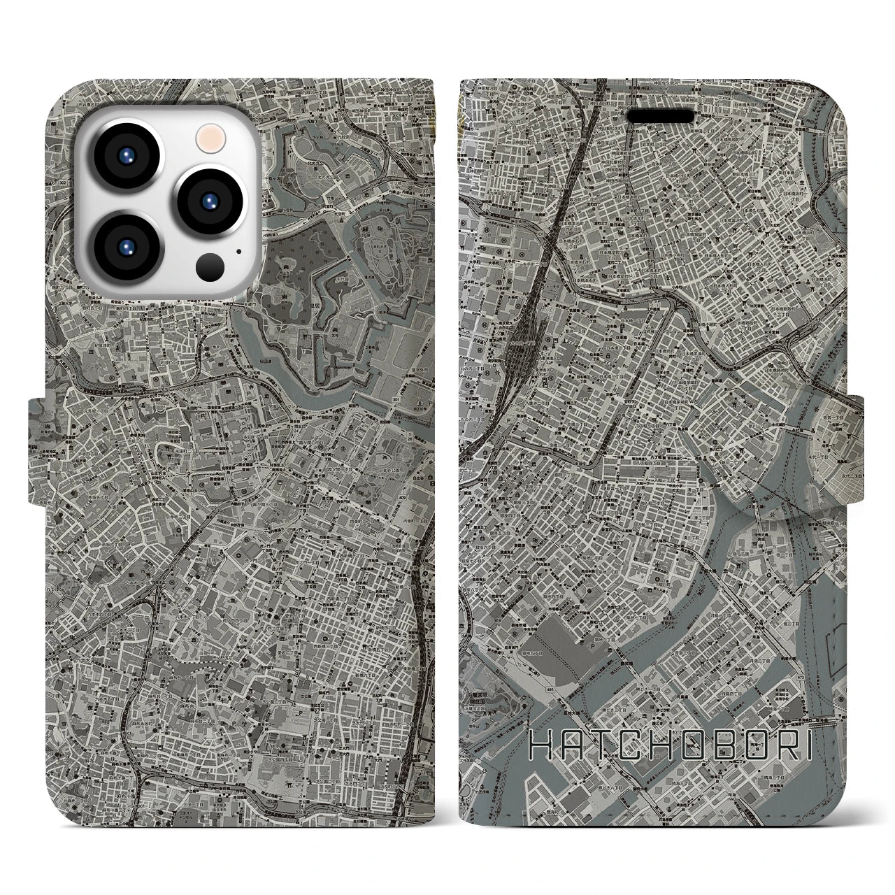 【八丁堀(東京都)】地図柄iPhoneケース(手帳タイプ)モノトーン・iPhone 13 Pro 用