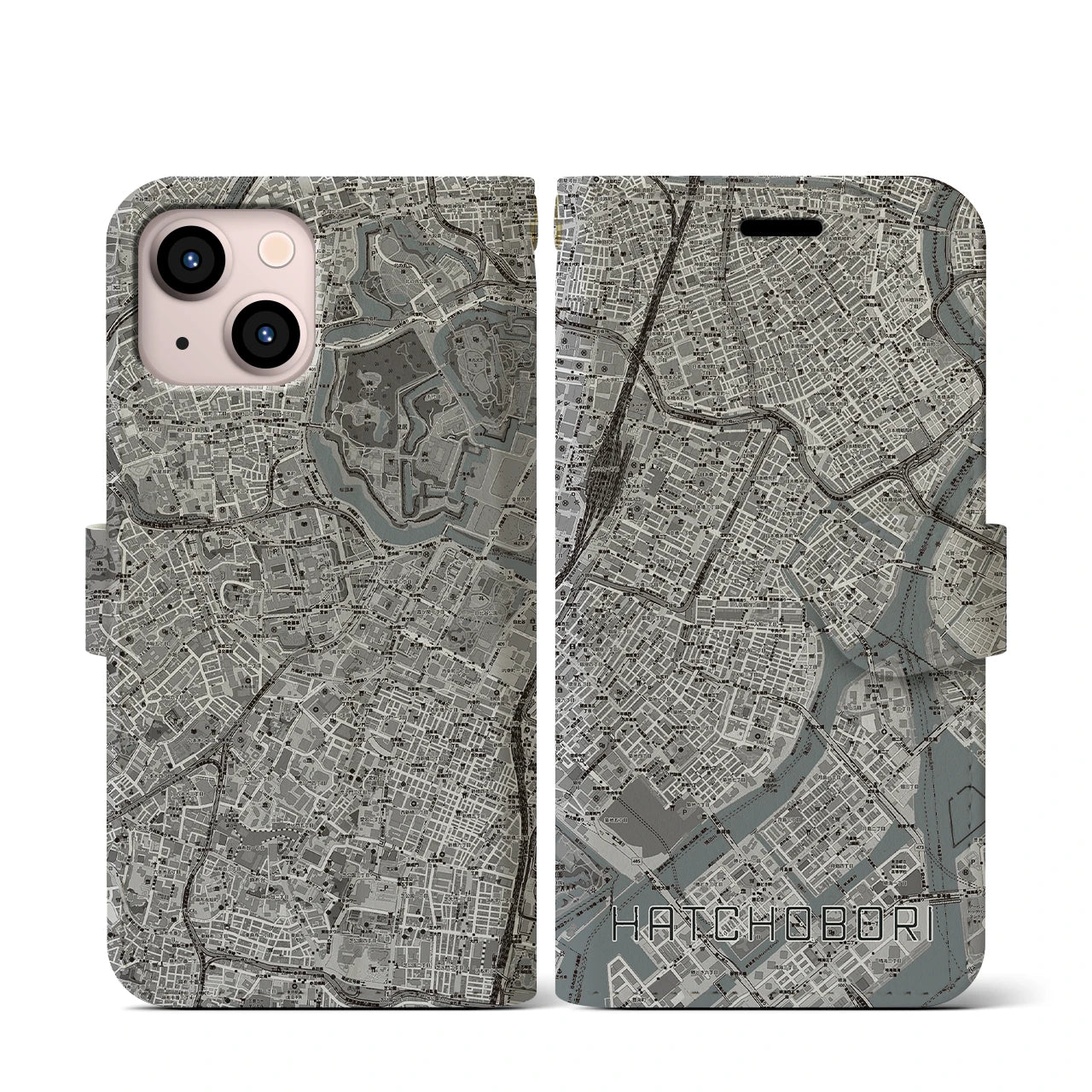 【八丁堀(東京都)】地図柄iPhoneケース(手帳タイプ)モノトーン・iPhone 13 mini 用