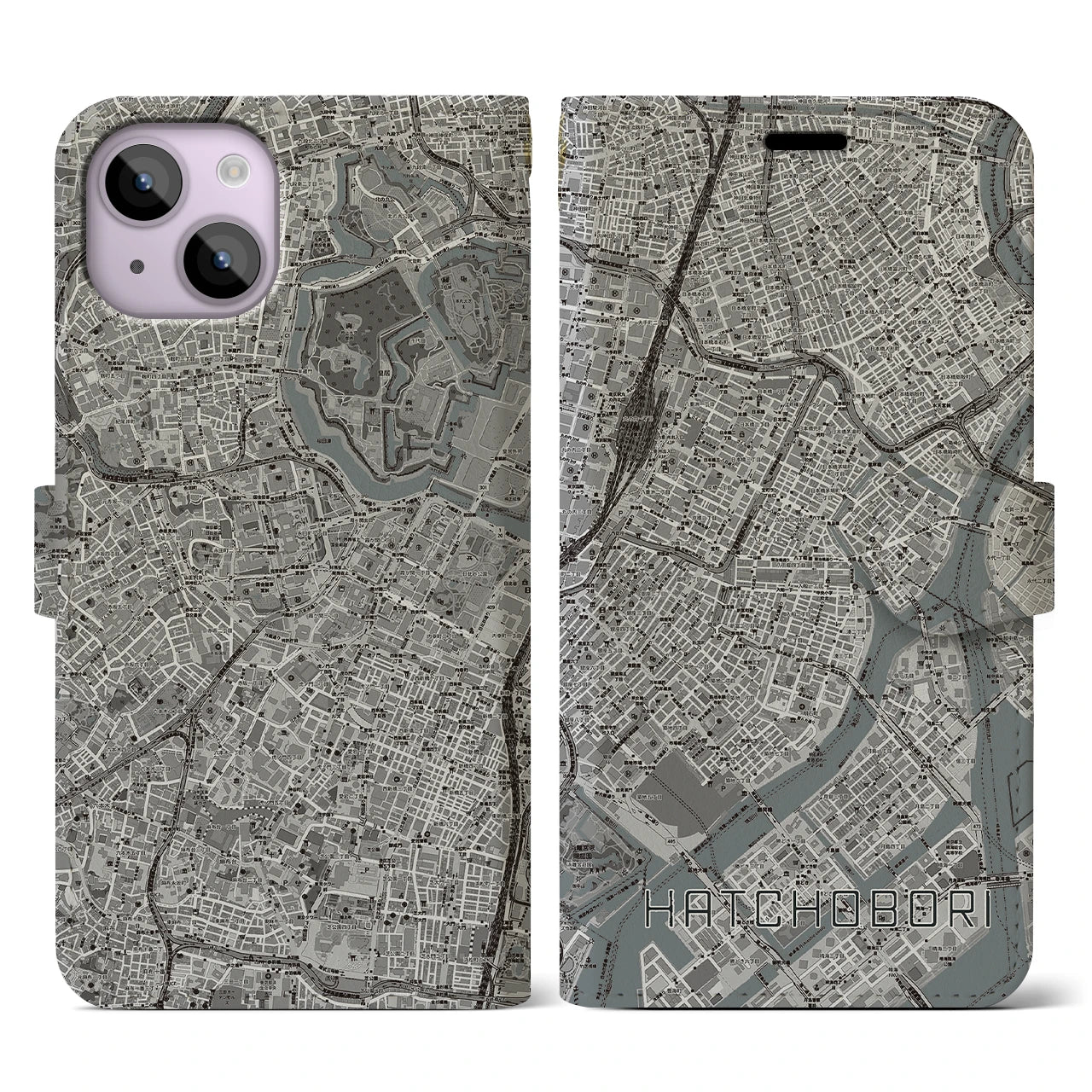 【八丁堀(東京都)】地図柄iPhoneケース(手帳タイプ)モノトーン・iPhone 14 用