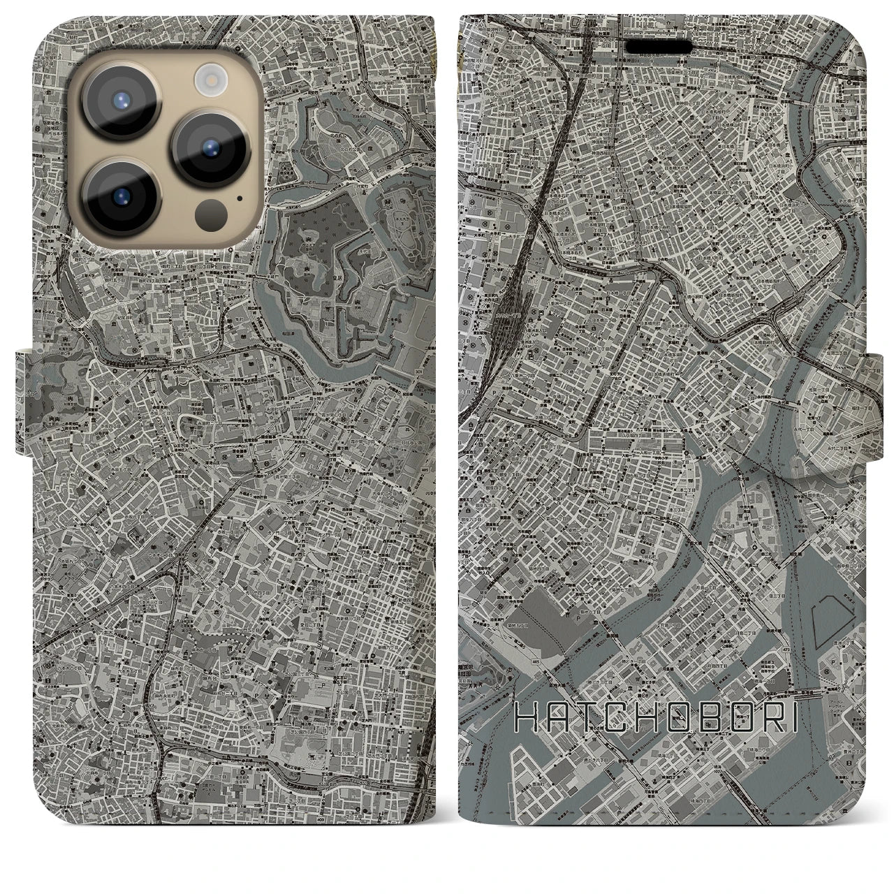 【八丁堀(東京都)】地図柄iPhoneケース(手帳タイプ)モノトーン・iPhone 14 Pro Max 用