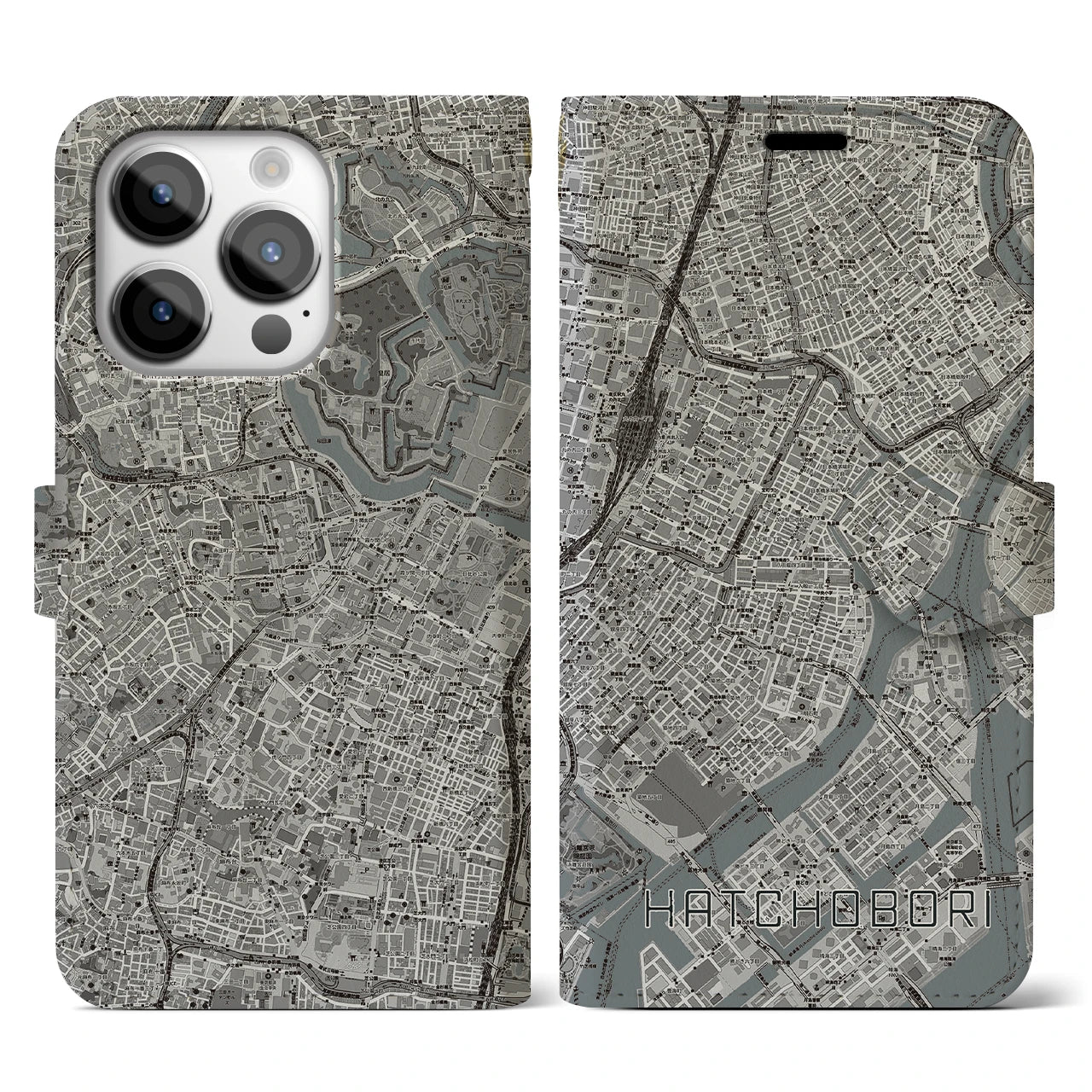 【八丁堀(東京都)】地図柄iPhoneケース(手帳タイプ)モノトーン・iPhone 14 Pro 用
