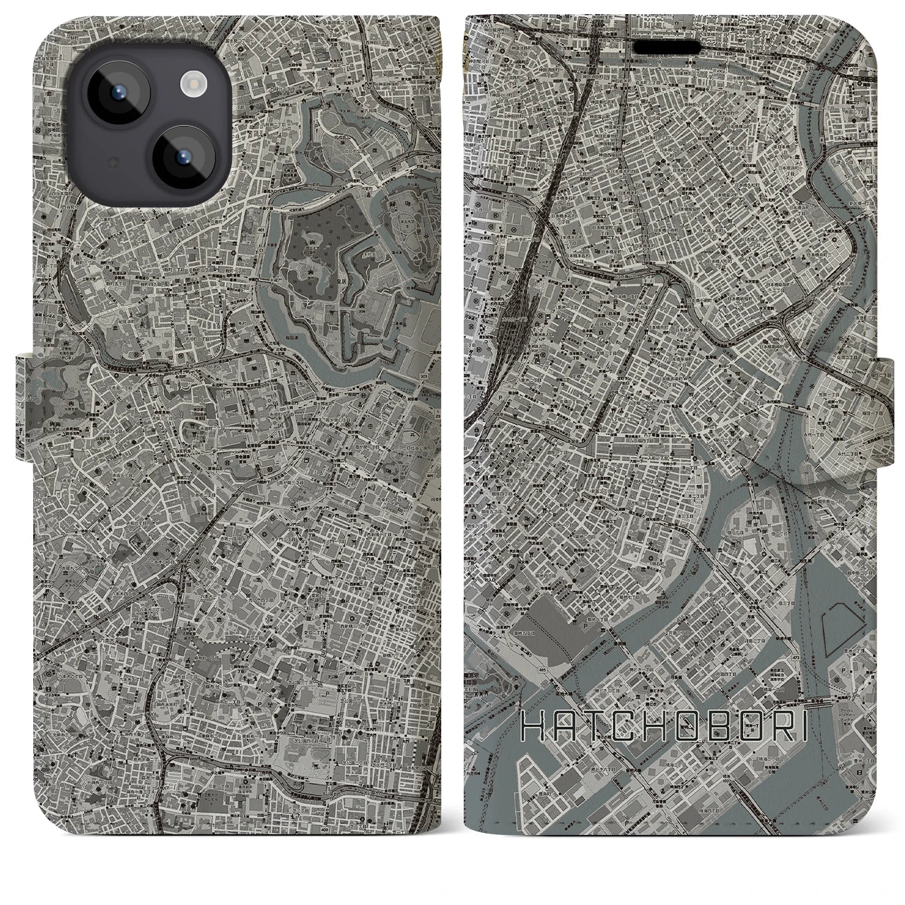 【八丁堀(東京都)】地図柄iPhoneケース(手帳タイプ)モノトーン・iPhone 14 Plus 用