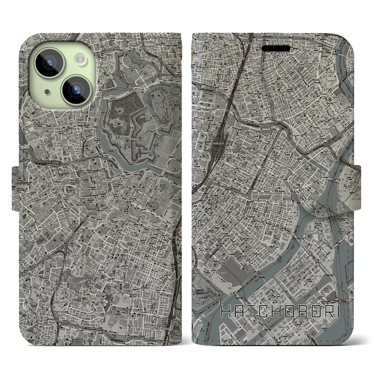【八丁堀(東京都)】地図柄iPhoneケース(手帳タイプ)モノトーン・iPhone 15 用