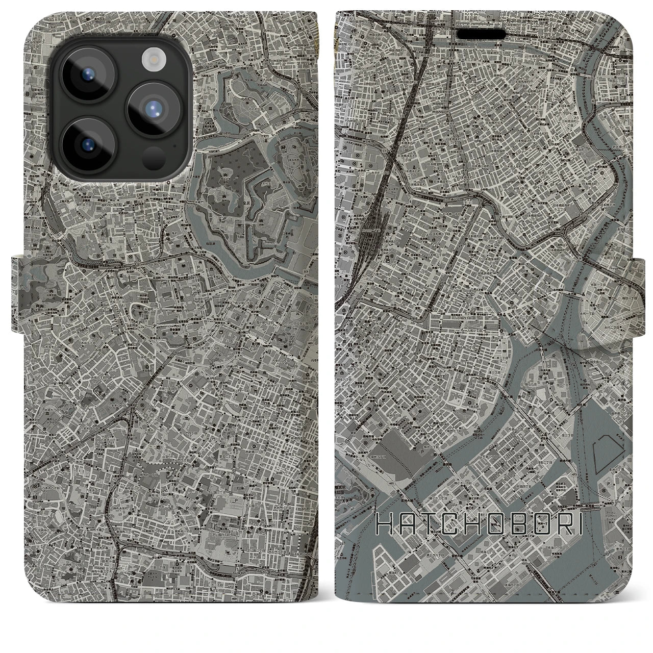 【八丁堀(東京都)】地図柄iPhoneケース(手帳タイプ)モノトーン・iPhone 15 Pro Max 用