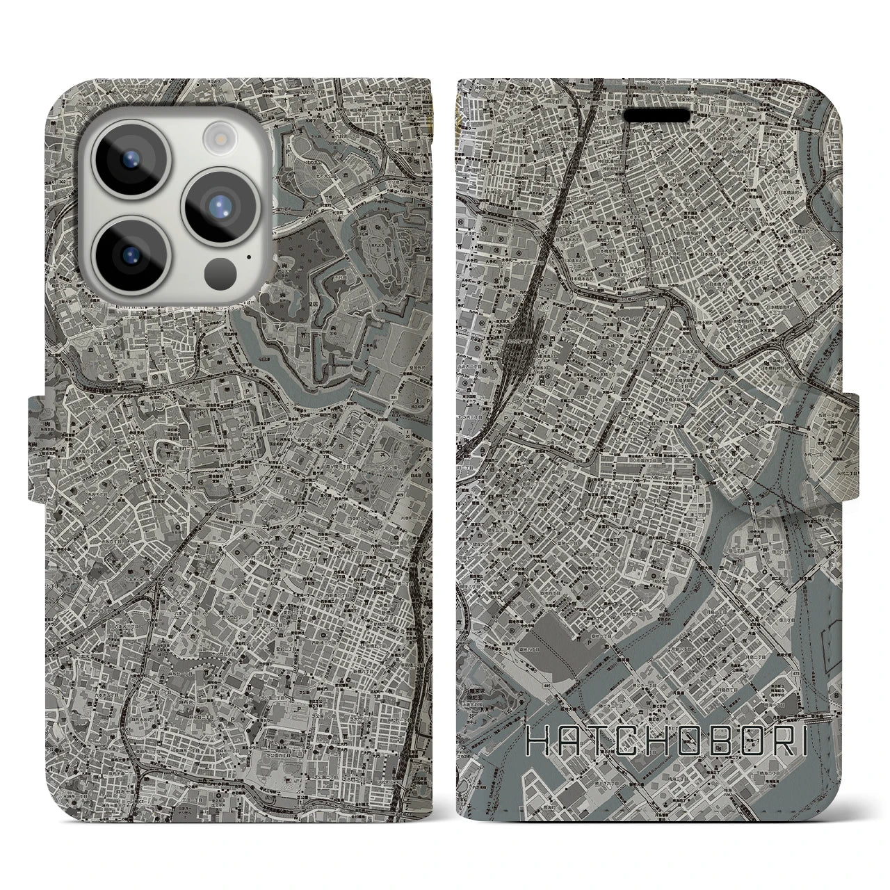 【八丁堀(東京都)】地図柄iPhoneケース(手帳タイプ)モノトーン・iPhone 15 Pro 用