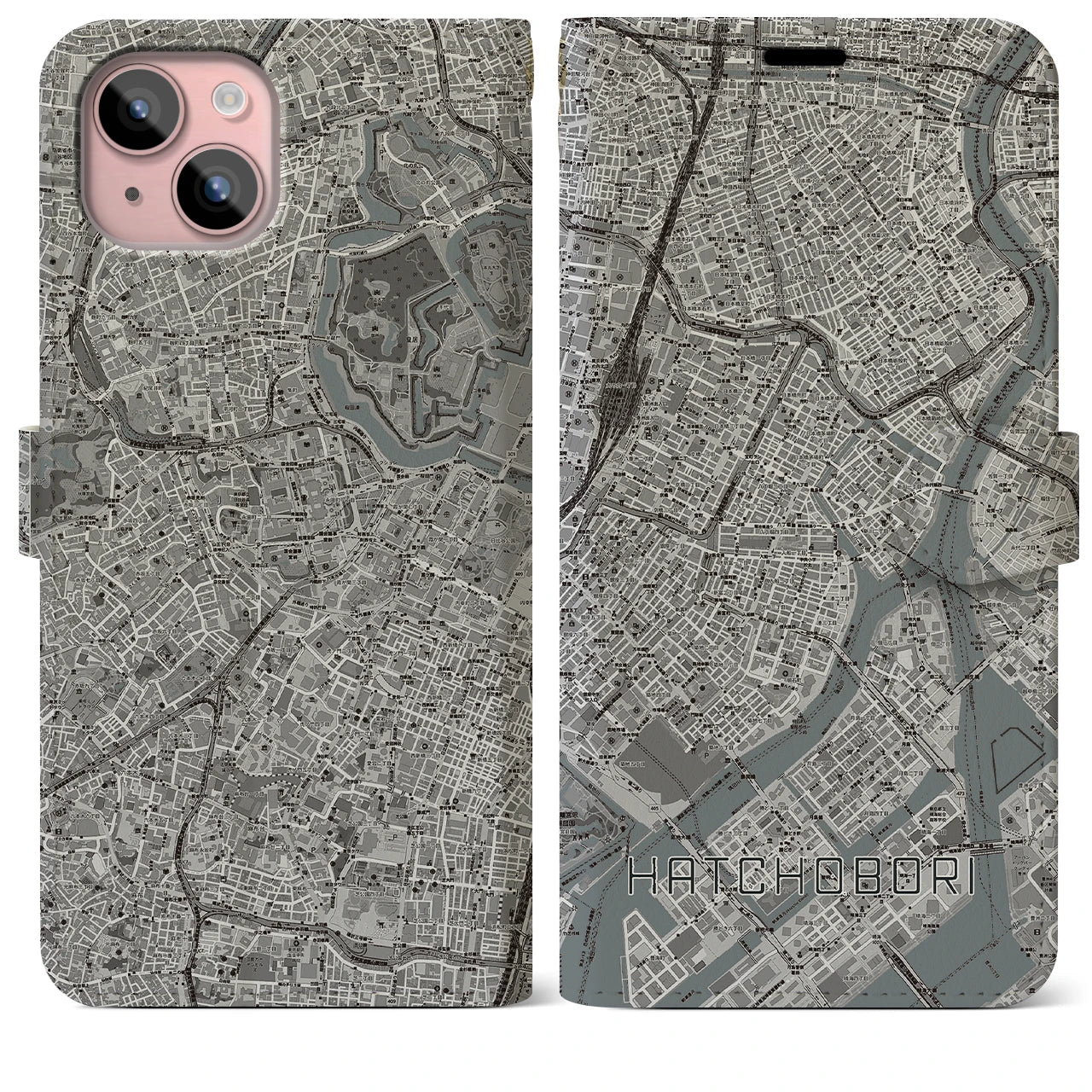【八丁堀(東京都)】地図柄iPhoneケース(手帳タイプ)モノトーン・iPhone 15 Plus 用