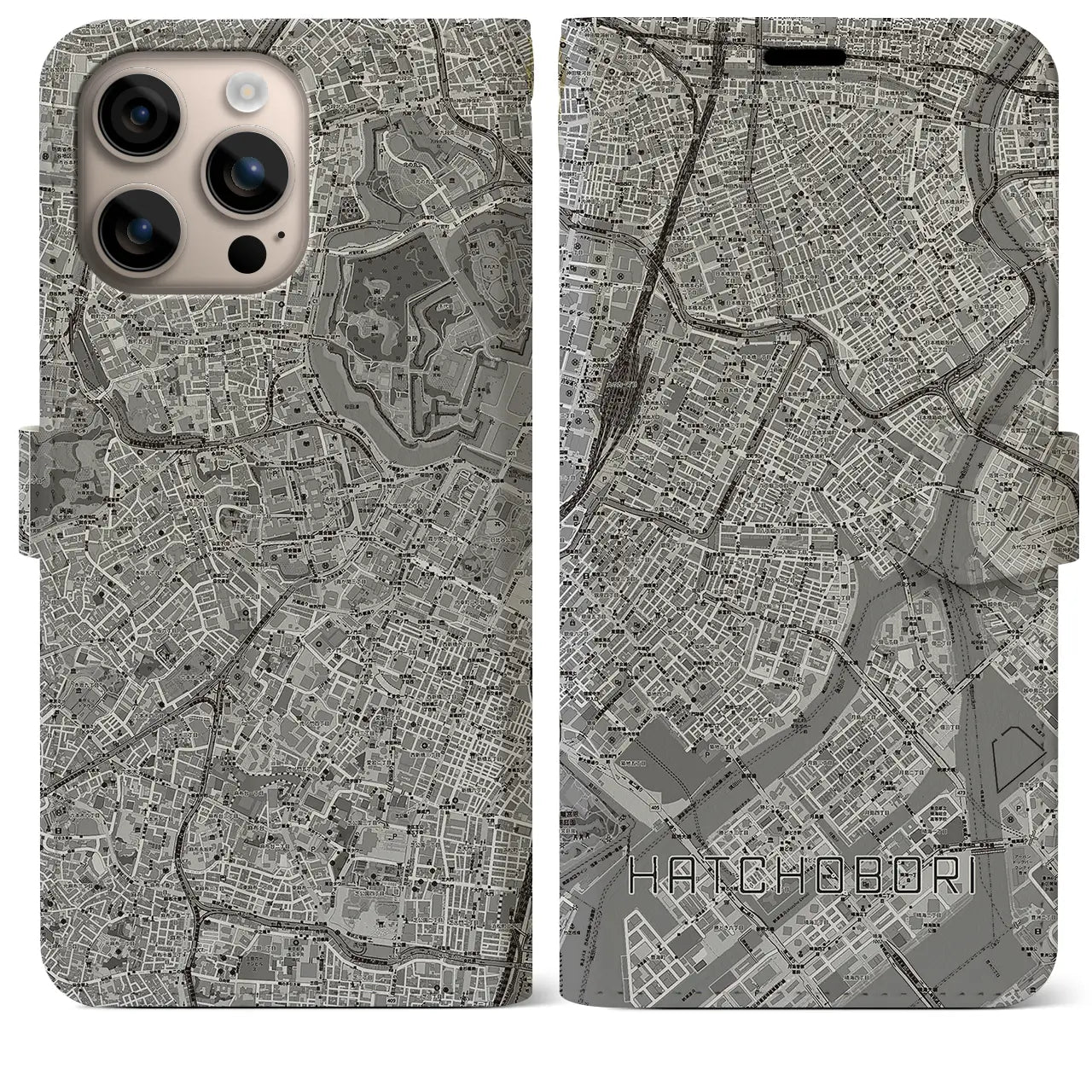 【八丁堀(東京都)】地図柄iPhoneケース(手帳タイプ)モノトーン・iPhone 16 Plus 用