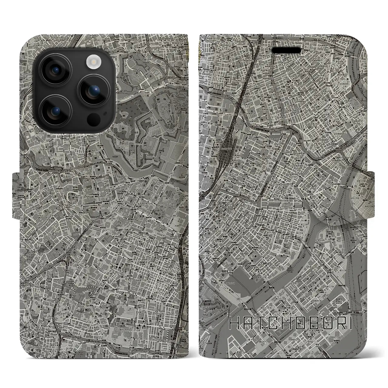 【八丁堀(東京都)】地図柄iPhoneケース(手帳タイプ)モノトーン・iPhone 16 用